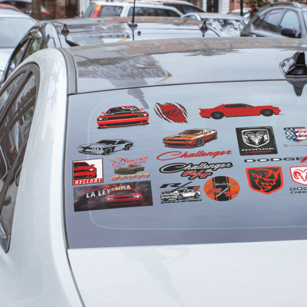 Muscle Car Sticker Sheet — Dodge Challenger & Retro Logo Decals