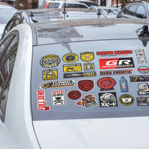 Car Enthusiast Sticker Sheet — Racing & Tuning Decals (Engine Power, Drift, Turbo, Street Tuned)