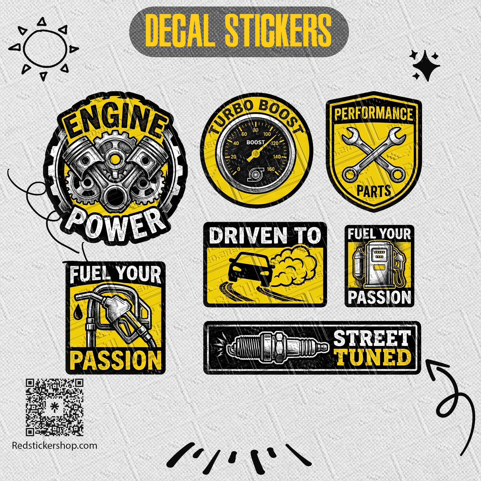 Car Enthusiast Sticker Sheet — Racing & Tuning Decals (Engine Power, Drift, Turbo, Street Tuned) - Image 4