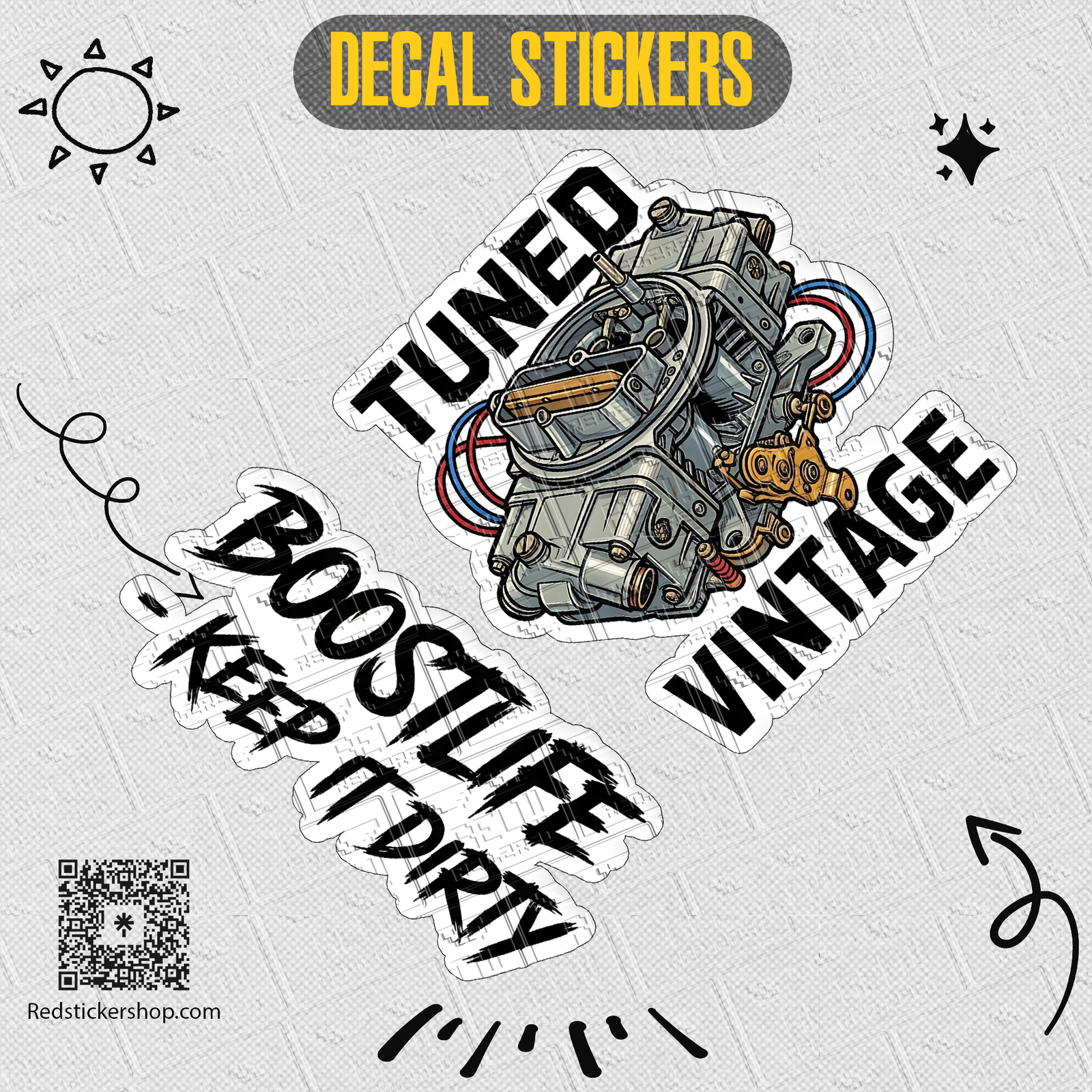 Vintage Mechanic Sticker Sheet — Tuned, Boost Life, Garage Queen Car Repair Decals - Image 3